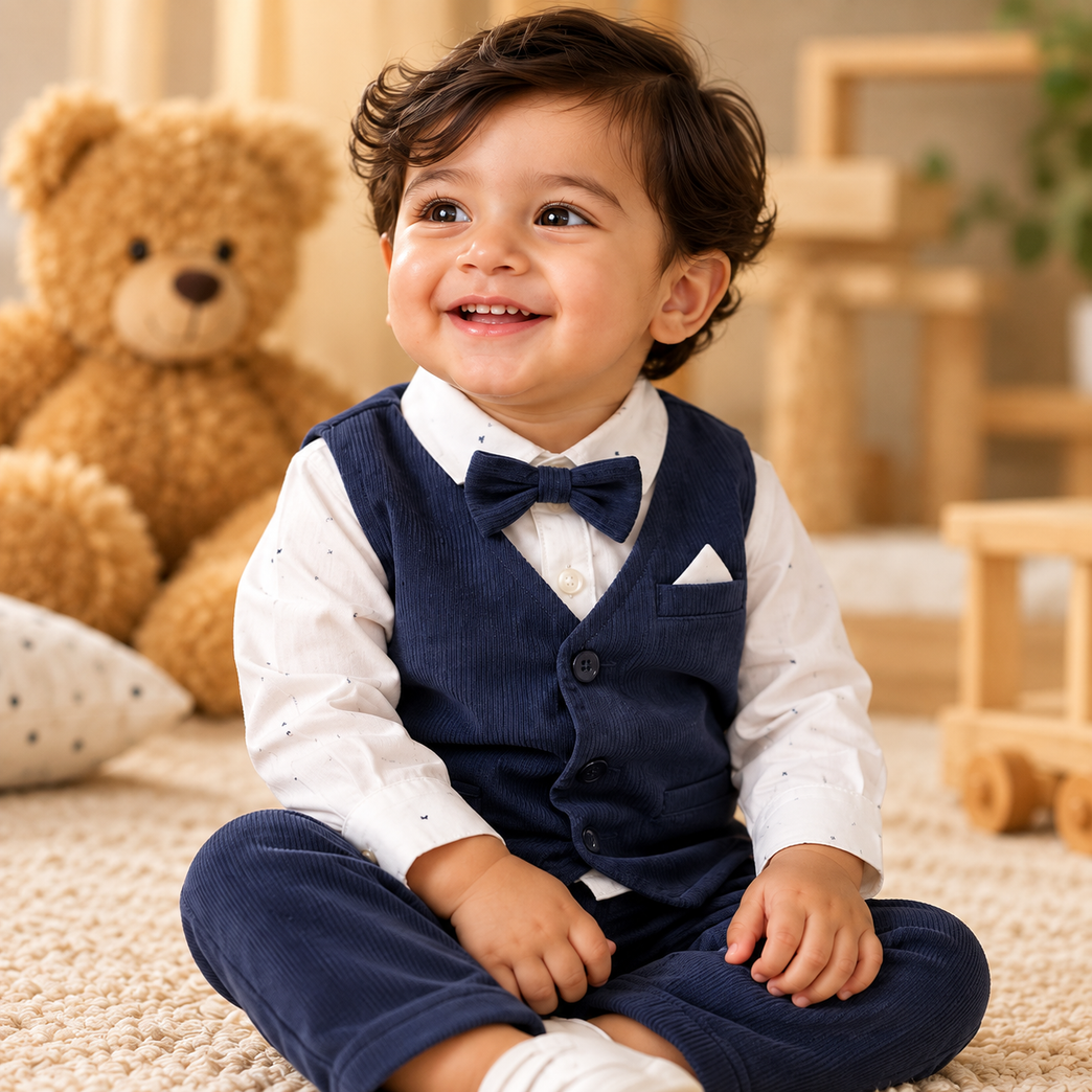 Navy Blue Corduroy Waistcoat, Shirt & Pants Set for Boys