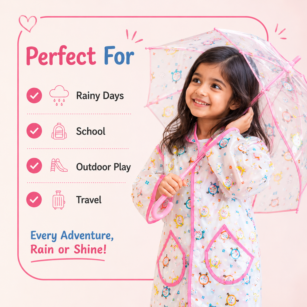 Kids Waterproof PVC Hooded Raincoat with Transparent Brim | Cartoon Print Lightweight Rain Wear for Boys & Girls | White & Pink