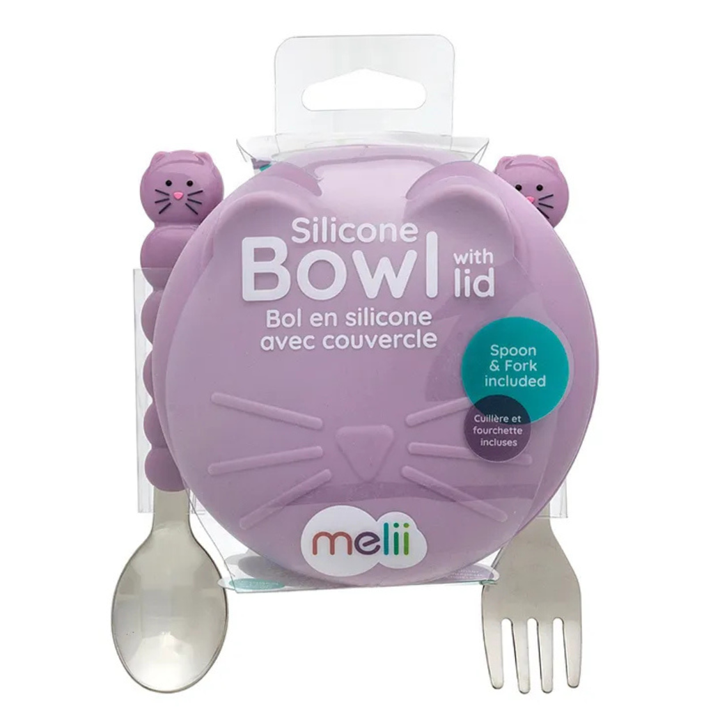 Melii Silicone Bowl with Lid & Utensils - Cat Purple