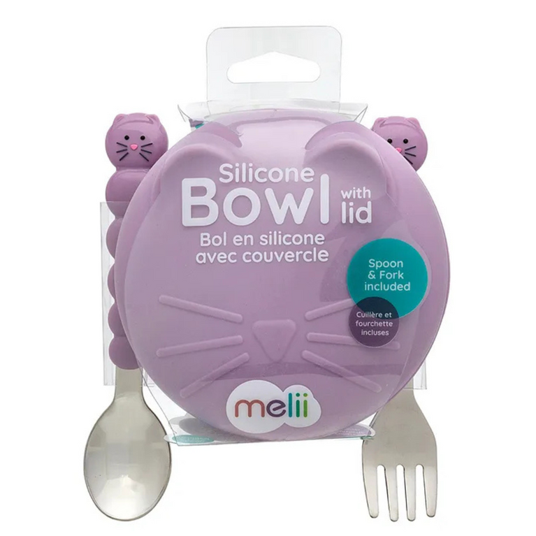 Melii Silicone Bowl with Lid & Utensils - Cat Purple