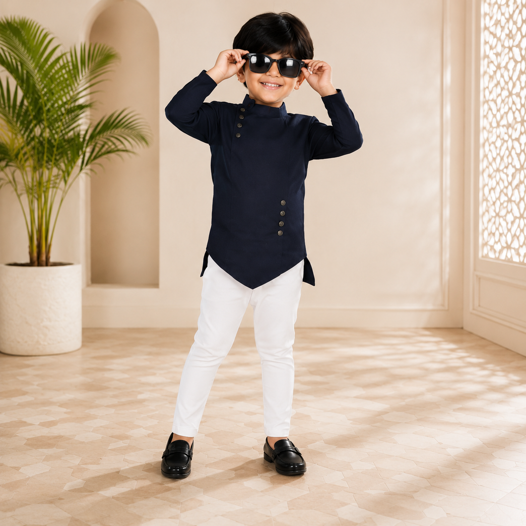 Ninos Boys Cotton Full Sleeves Festive Multidesign Party Kurta Pyjama Set- Navy
