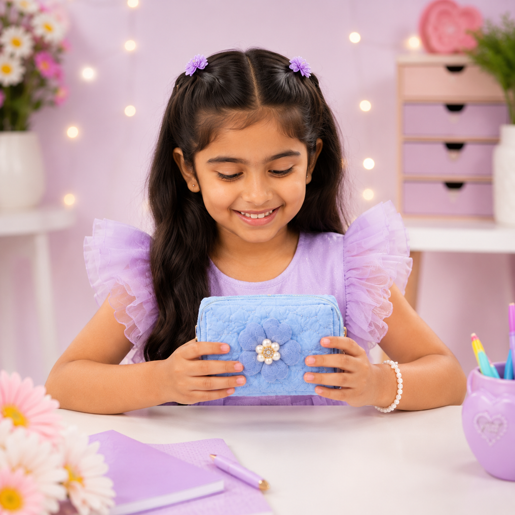 Floral Quilted Coin Purse Girls | Mini Zipper Wallet with Pearl Flower Charm, Keychain Ring | Cute Cash, Coin & Earbuds Pouch (Multi-Color)