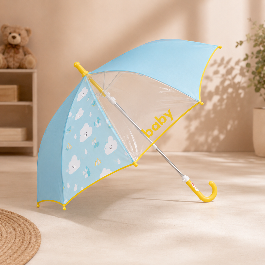 Kids Transparent Dome Umbrella with Cute Cloud Print | Blue & Yellow Rain Umbrella