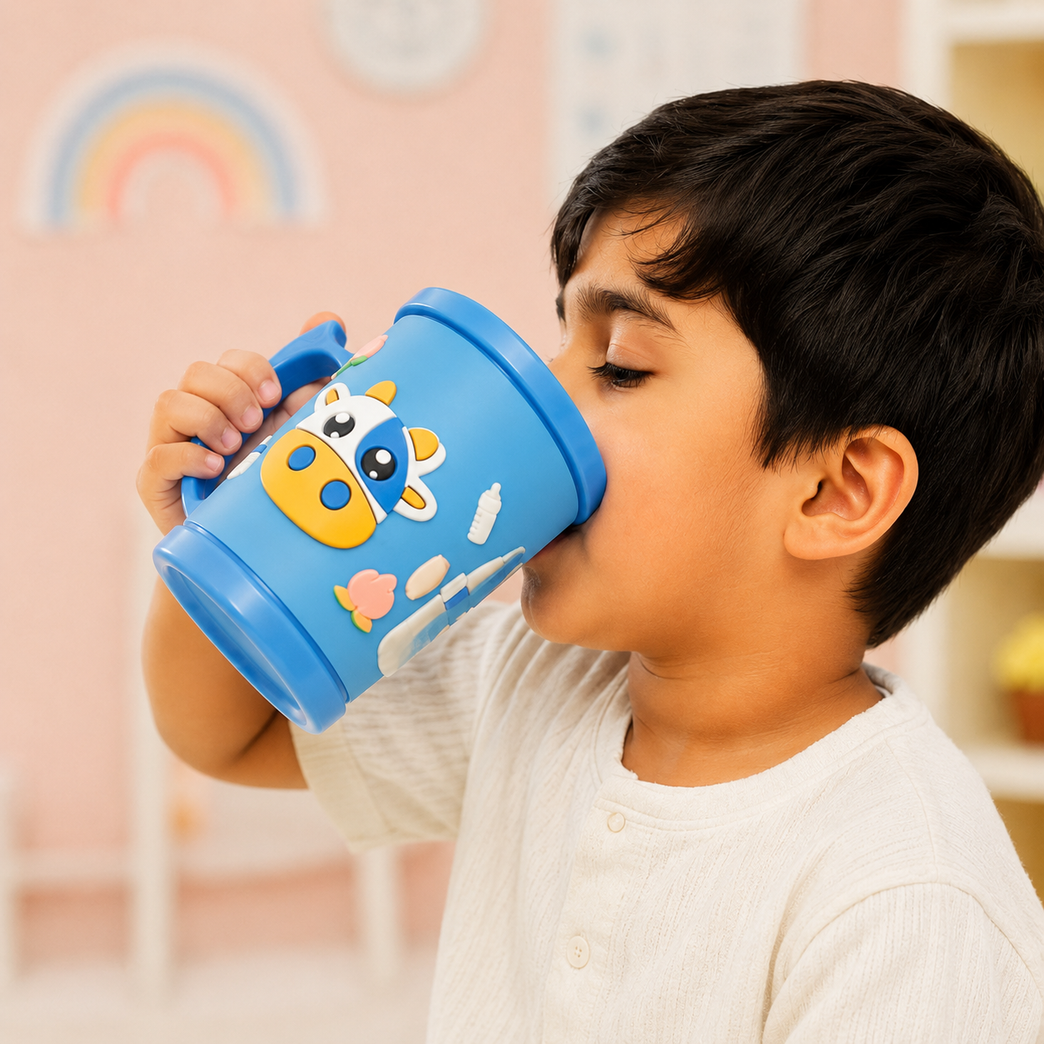 Cow Plastic Mug| Cute Reusable Drinking Mug for Milk, Juice & Water | BPA-Free | Blue