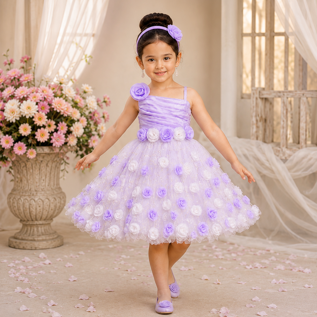 Lavender Floral Appliqué Party Dress | Sleeveless Tulle Princess Dress for Birthday, Wedding & Special Occasions