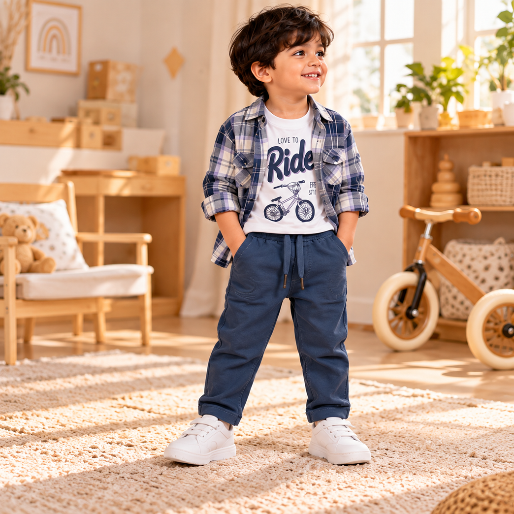 Navy Blue Plaid Shirt, Graphic T-Shirt & Jogger Pants Set for Boys | Kids Casual Outfit