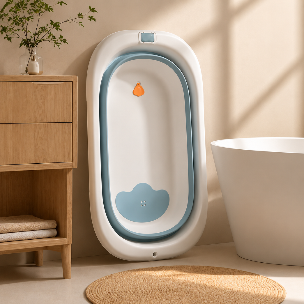 Premium Foldable Baby Bath Tub with Temperature Sensor & Soft Cushion Support | Portable Non-Toxic Infant Bathtub for Newborns & Toddlers (0–24 Months) | Space-Saving Baby Bathing Tub