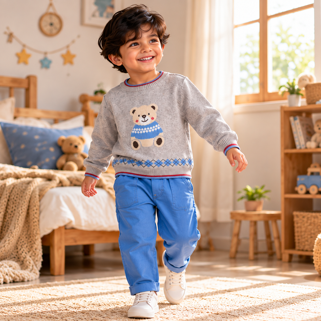 Grey Teddy Bear Sweater & Blue Pants Set for Boys | Cute Winter Kids Outfit