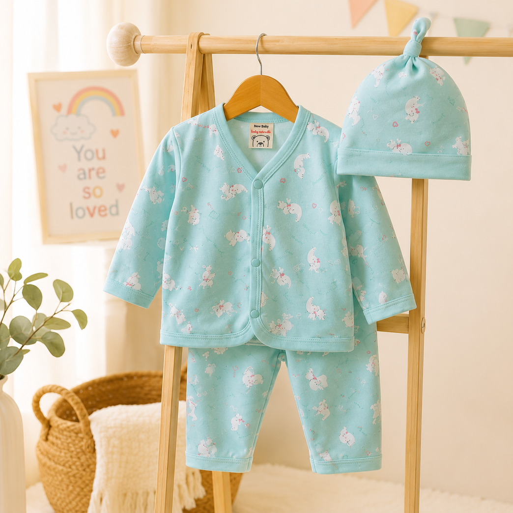 Newborn Baby Cotton Bunny Print Clothing Set with Cap | Full Sleeve Front-Button Top & Pants | Soft & Gentle Baby Wear (3-Piece)