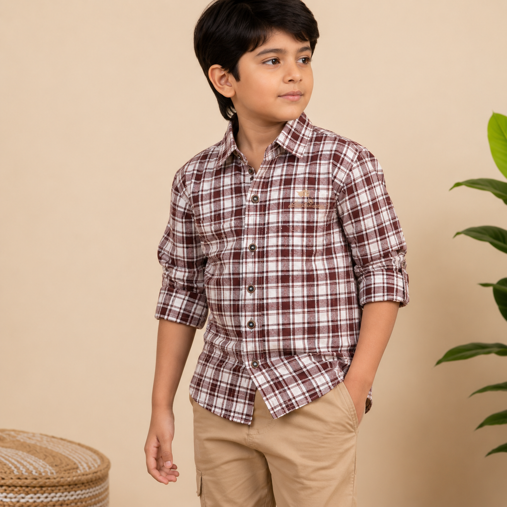 Boys Classic Checkered Full Sleeve Cotton Shirt – Maroon & White Plaid Casual Shirt