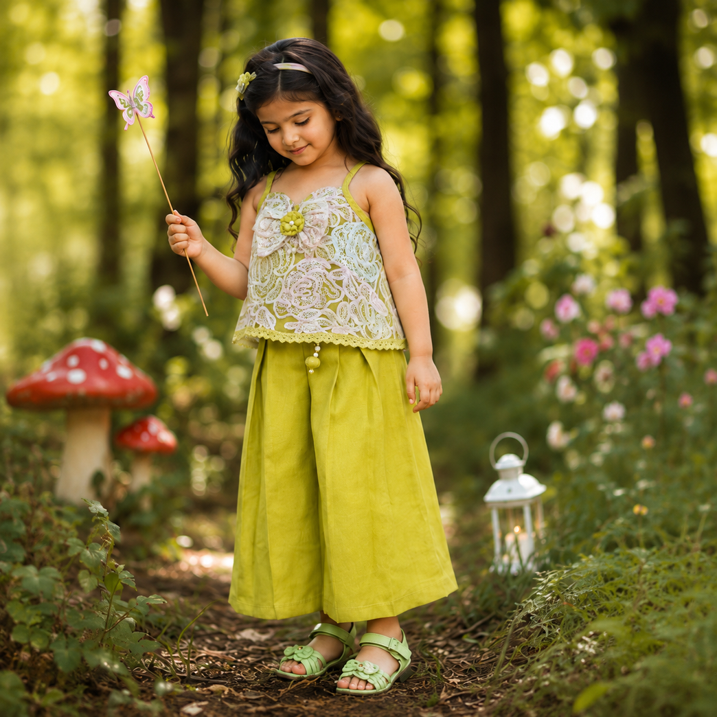 Lime Green Floral Lace Top & Wide-Leg Palazzo Set | Stylish Kids Party Wear