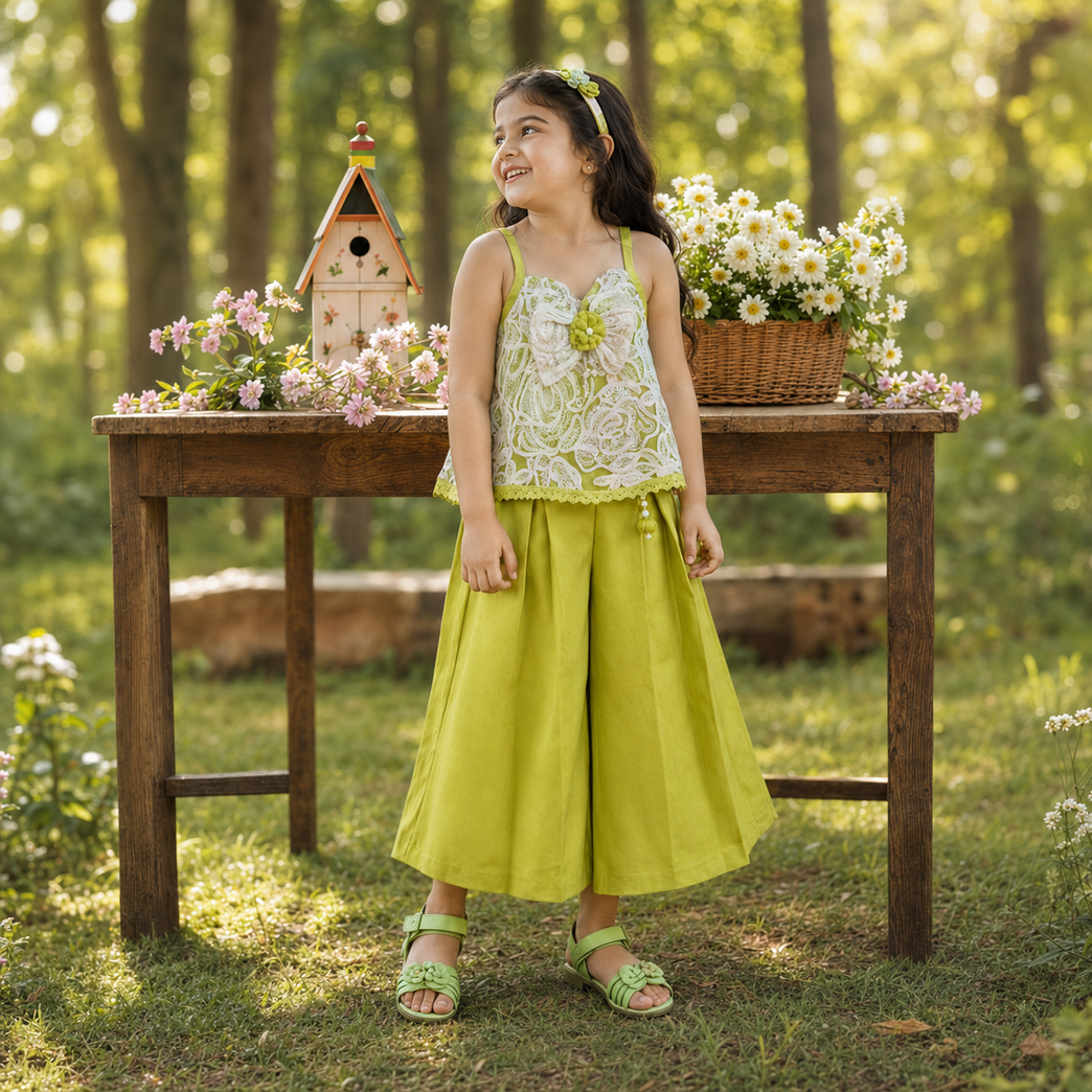 Lime Green Floral Lace Top & Wide-Leg Palazzo Set | Stylish Kids Party Wear