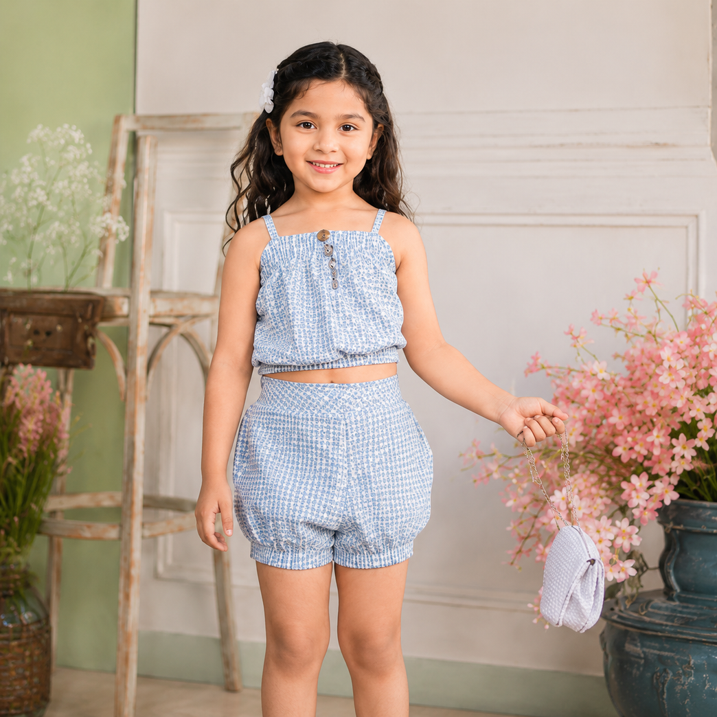 Sky Blue Smocked Crop Top & Elastic Waist Shorts Co-Ord Set