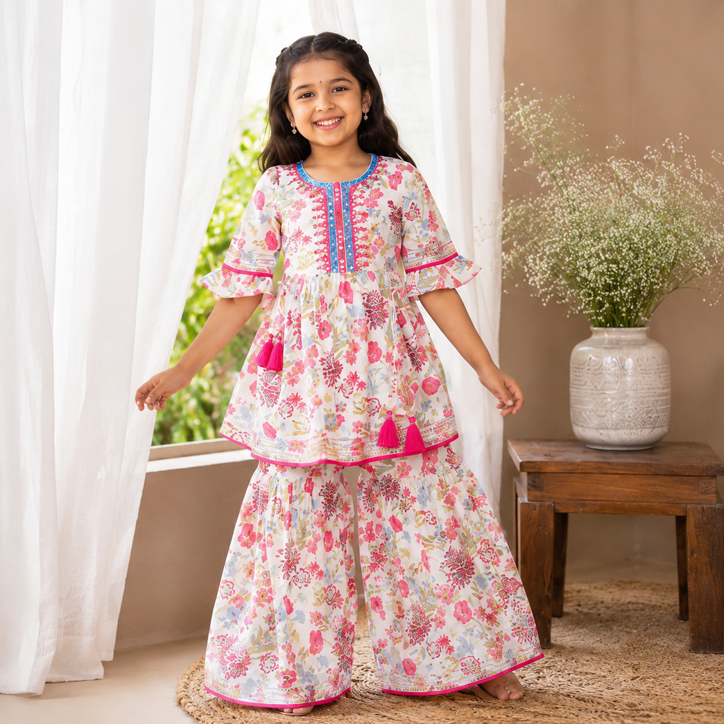 Floral Printed Kurta with Embroidered Sharara Set | White & Pink Ethnic Festive Wear for Kids | Traditional Co-ord Outfit
