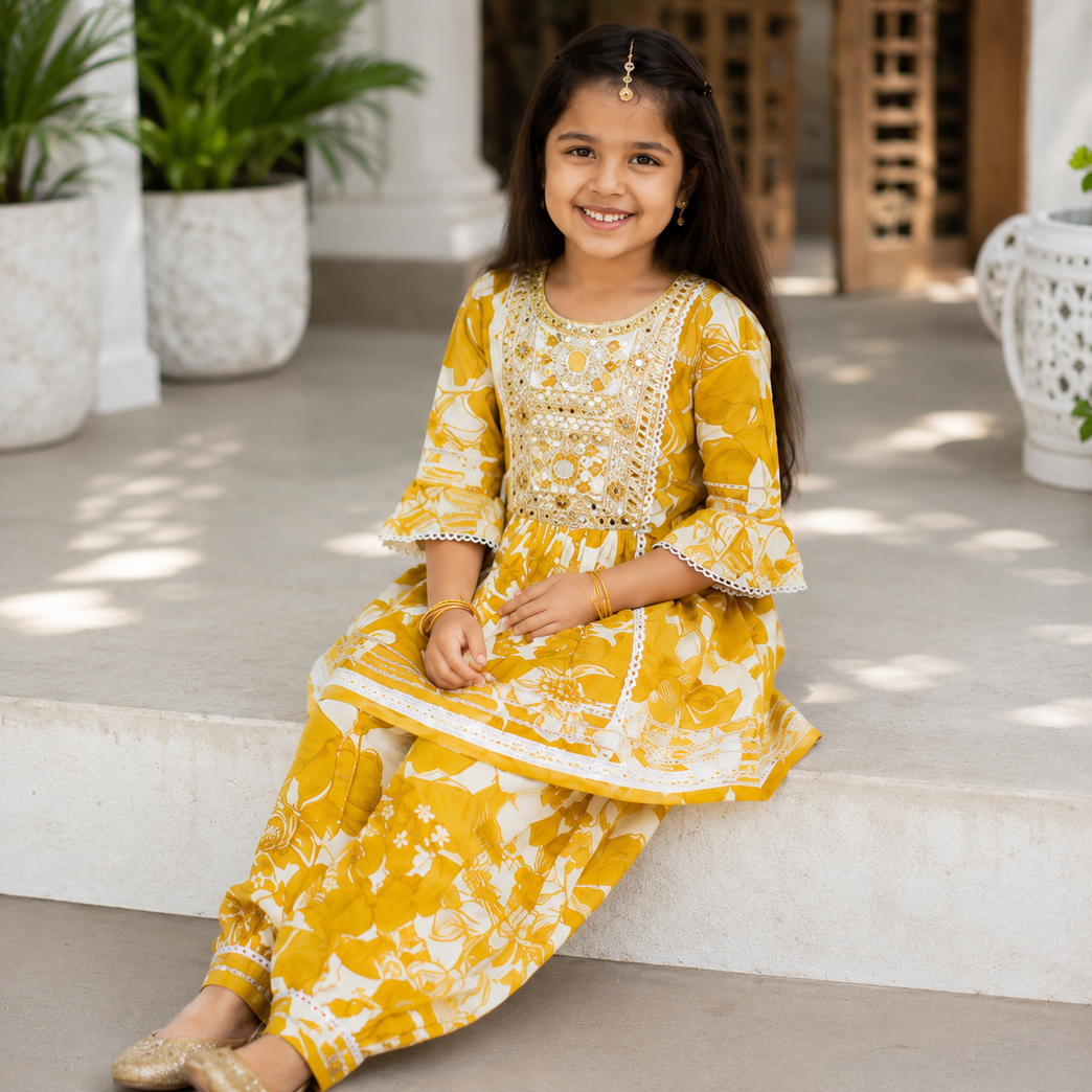 Mustard Floral Printed Kurti with Dhoti Pants Set | Embroidered Ethnic Co-ord Outfit for Kids | Festive Traditional Wear