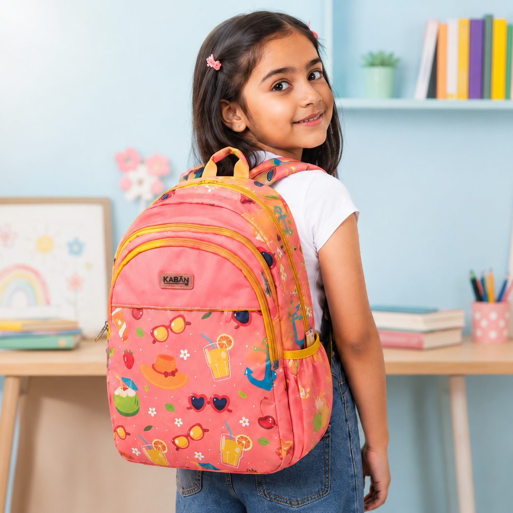 Kids Tropical Print School Backpack with Padded Straps 15 inchs ; Multiple Compartments | Coral Pink