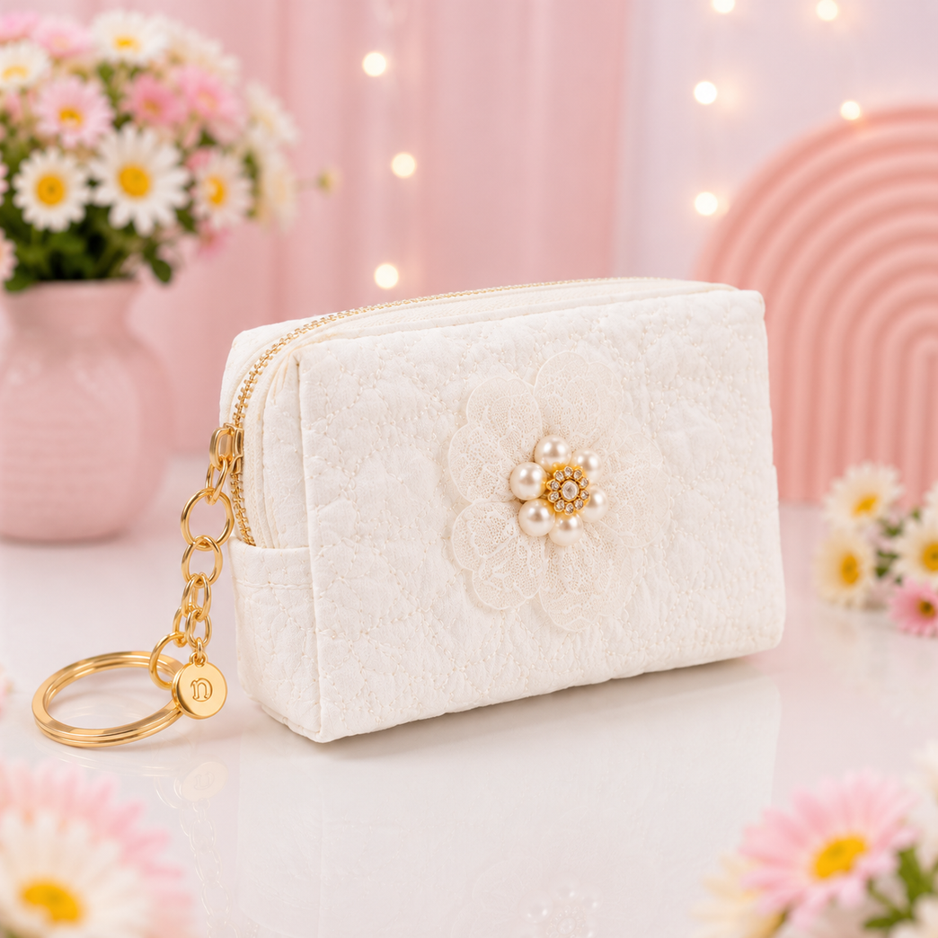 Floral Quilted Coin Purse Girls | Mini Zipper Wallet with Pearl Flower Charm, Keychain Ring | Cute Cash, Coin & Earbuds Pouch (Multi-Color)