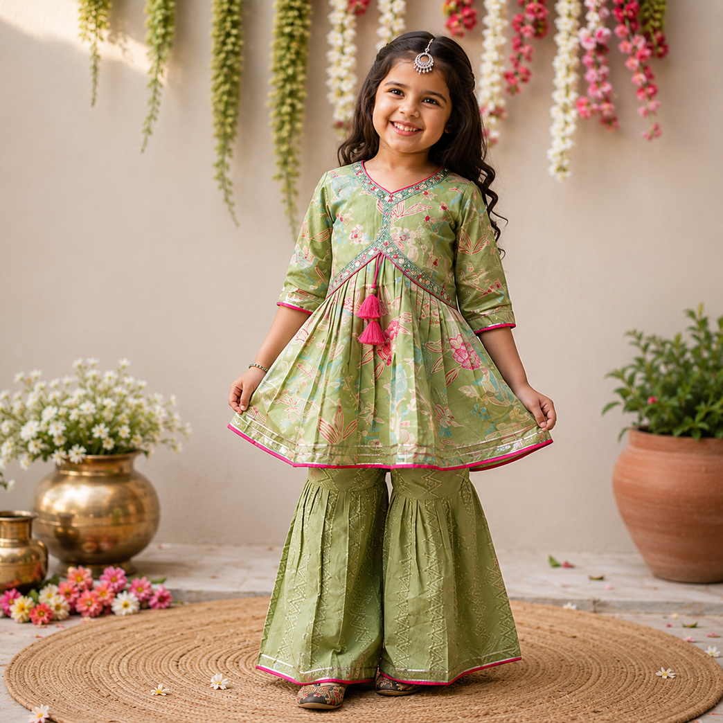 Olive Green Floral Printed Kurta with Embroidered Sharara Set