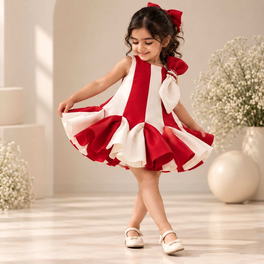Girls Red & White Party Dress with Bow Detail
