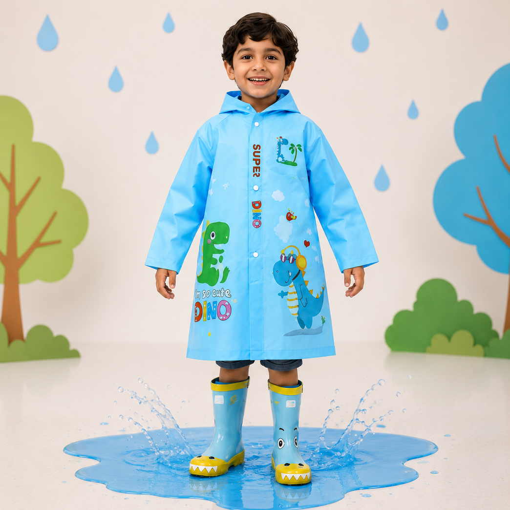 Kids Waterproof PVC Hooded Raincoat with Transparent Brim & Carry Pouch | Lightweight Dino Print Rain Wear for Boys & Girls