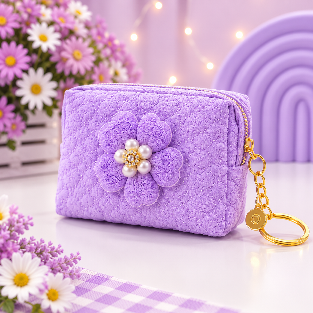 Floral Quilted Coin Purse Girls | Mini Zipper Wallet with Pearl Flower Charm, Keychain Ring | Cute Cash, Coin & Earbuds Pouch (Multi-Color)