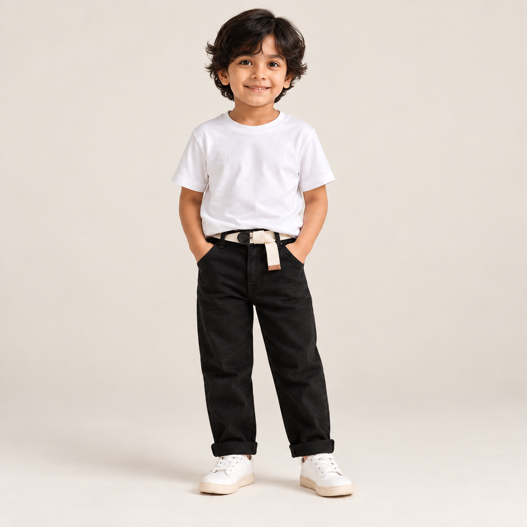 Black Denim Jeans for Boys with Belt | Regular Fit Kids Jeans