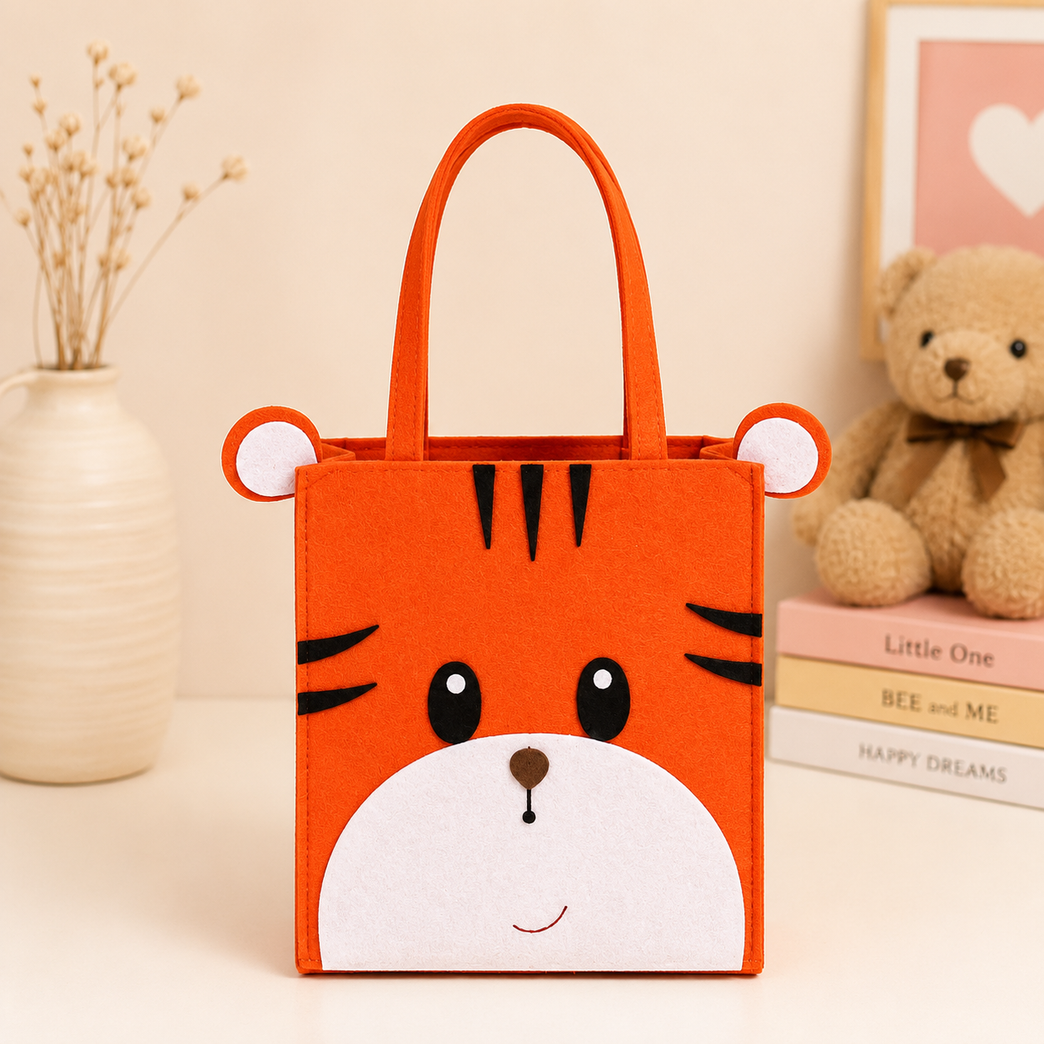 Tiger Face Felt Kids Tote Bag | Cute Reusable Storage & Gift Bag for Kids