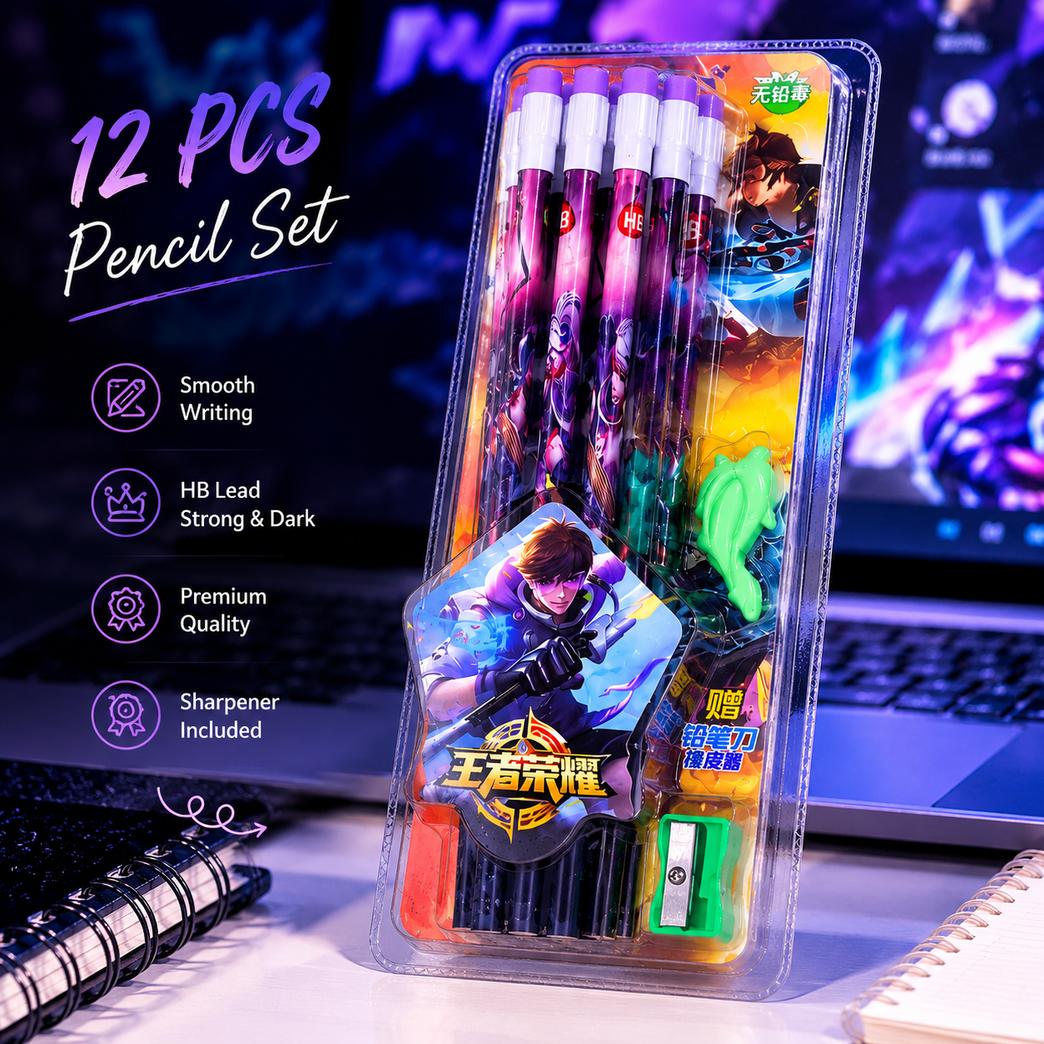 Anime Warrior 12 PCS HB Pencil Set with Sharpener & Eraser for Kids | Premium Smooth Writing School Stationery Kit