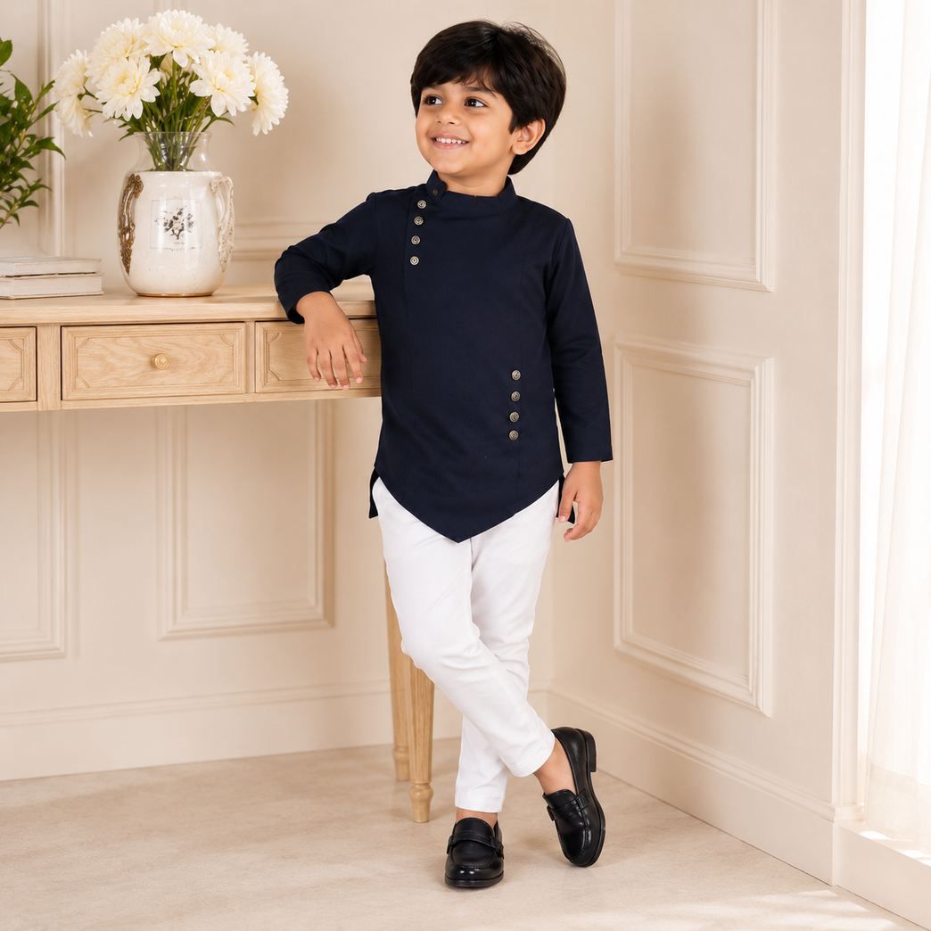 Ninos Boys Cotton Full Sleeves Festive Multidesign Party Kurta Pyjama Set- Navy