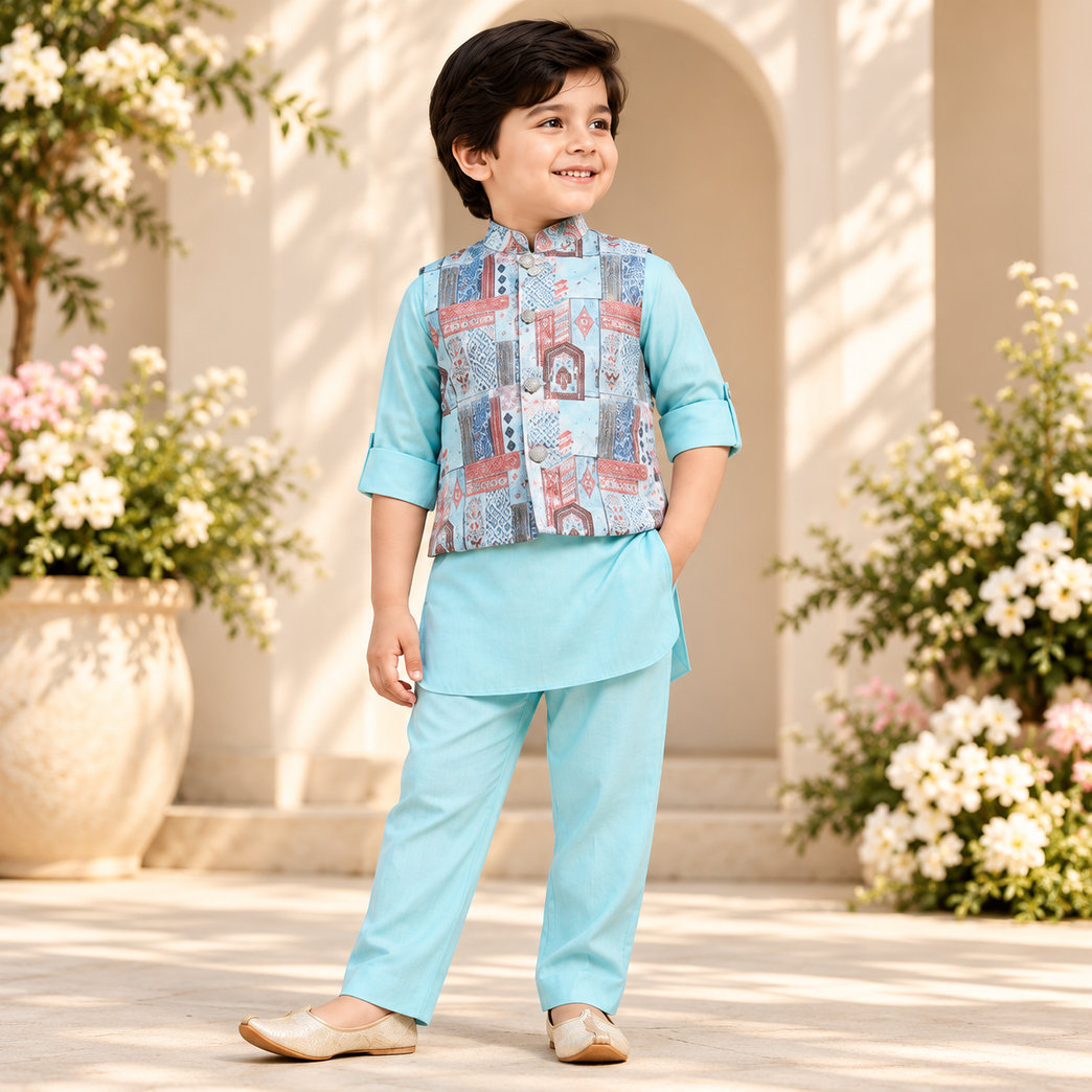 Boys Full Sleeves Solid Kurta Pyjama Set with Printed Jacket - Firozi