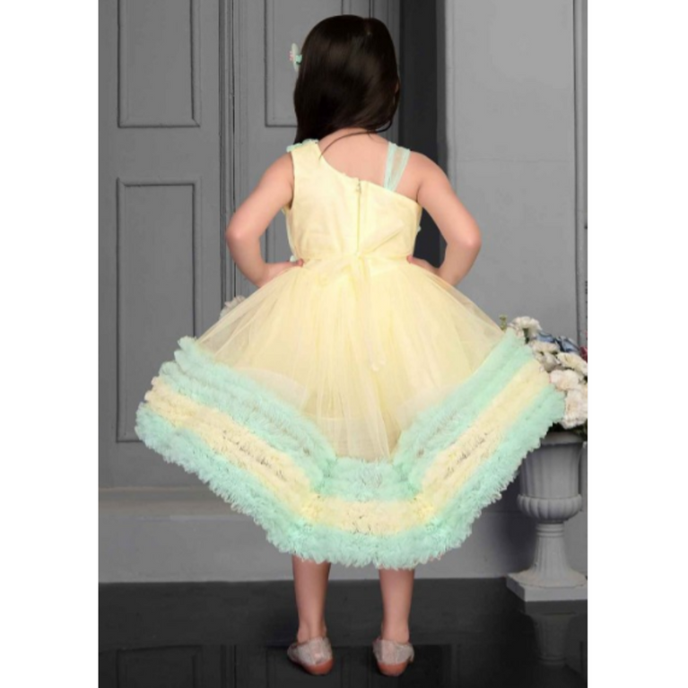 Girls Ruffled Net A-Line Sleeveless Butterfly Embellishments Midi Dress