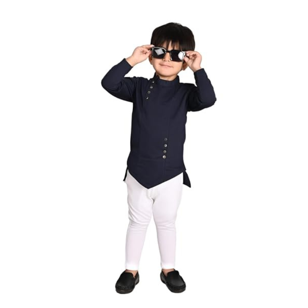 Ninos Boys Cotton Full Sleeves Festive Multidesign Party Kurta Pyjama Set- Navy