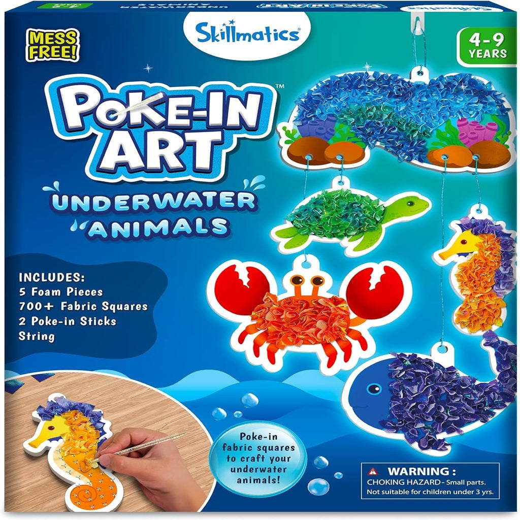 Skillmatics Poke-In Art Underwater Animals Mess-Free DIY Craft Kit for Kids | 5 Foam Pieces, 700+ Fabric Squares & 2 Poke-In Sticks | Ages 4–9 Years