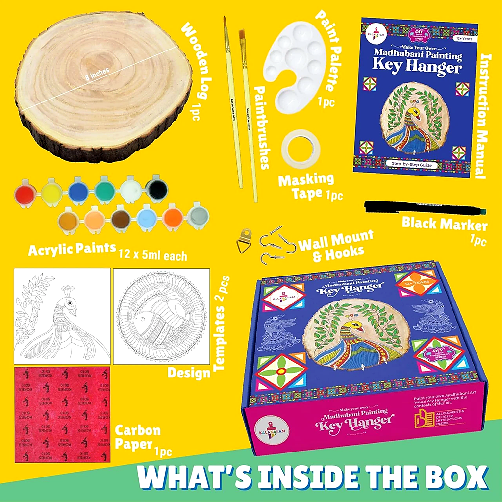 DIY Madhubani Painting Key Hanger Kit for Kids and Adults | Traditional Indian Art Craft Kit with Wooden Base, Paints & Brushes