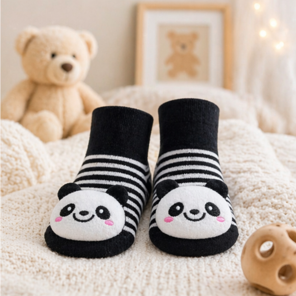 Cute Panda Baby Anti-Slip Socks – Soft Cotton Striped Grip Socks for Infants & Toddlers