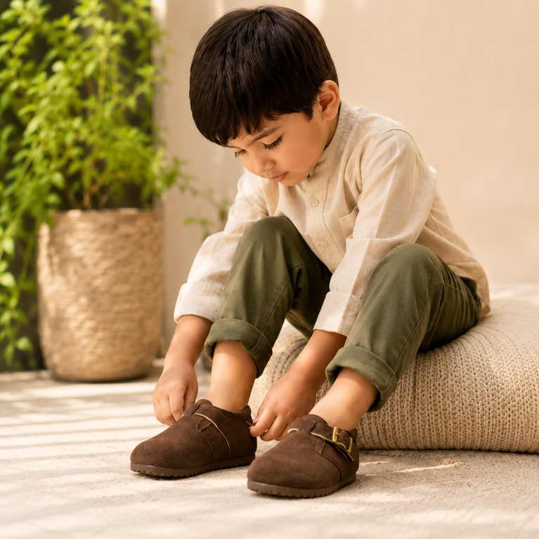Kids Brown Suede Buckle Casual Shoes | Soft Comfortable Toddler & Boys Slip-On Shoes
