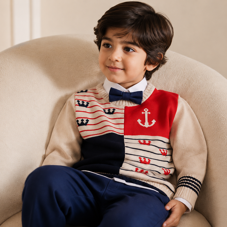 Nautical Sweater Set with Bow Tie & Trousers