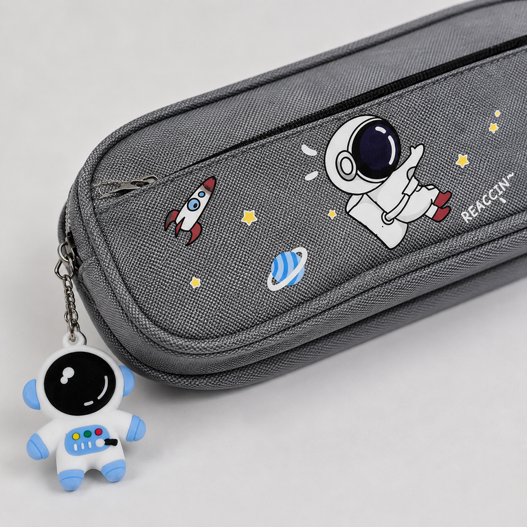 Space Explorer Astronaut Pencil Pouch with Cute Astronaut Charm – Grey