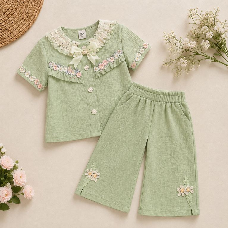 Elegant Sage Green Floral Co-ord Set for Girls