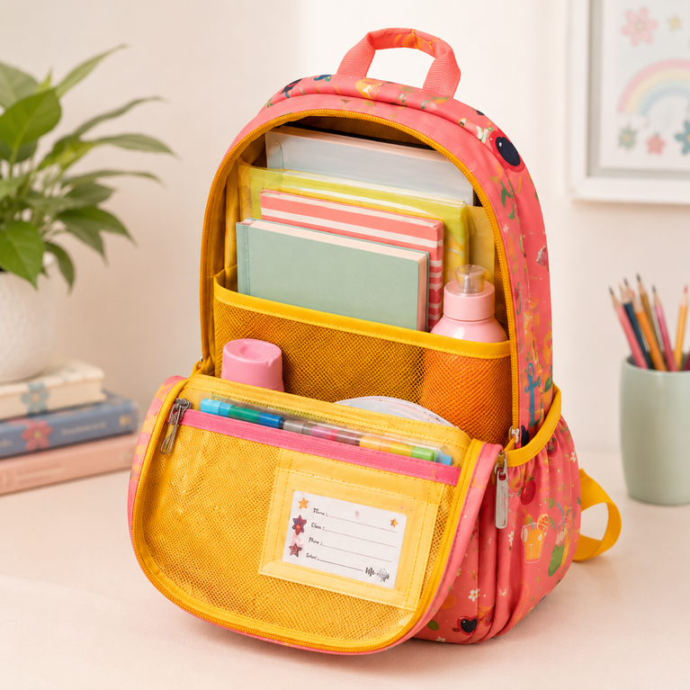 Kids Tropical Print School Backpack with Padded Straps 15 inchs ; Multiple Compartments | Coral Pink