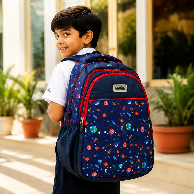 Space Print School Backpack with Padded Straps, Multiple Compartments &amp; Side Pockets | Navy Blue &amp; Red