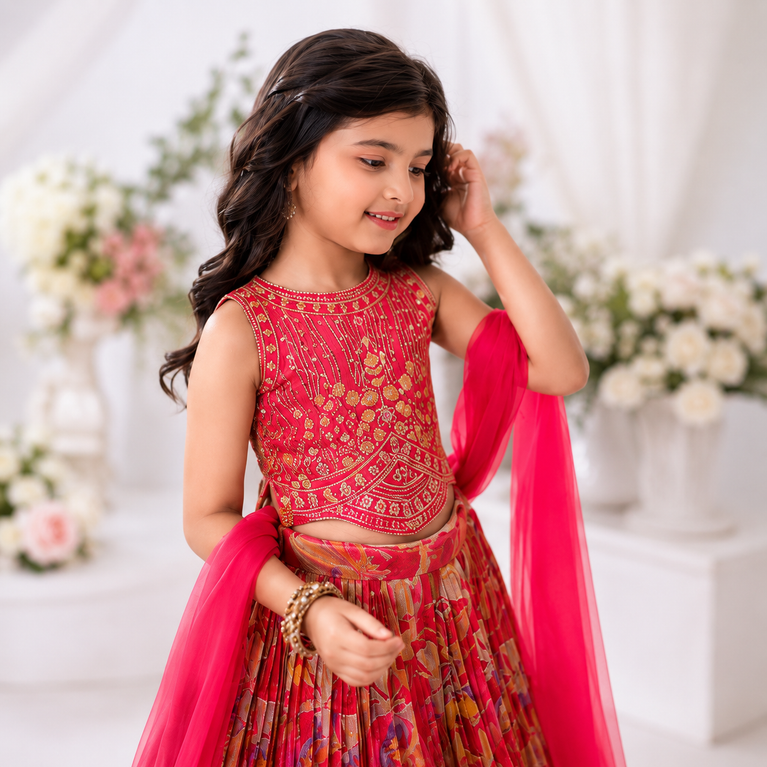 Girls Floral Printed Embroidered Lehenga Choli Set with Dupatta – Pink & Red Festive Ethnic Wear