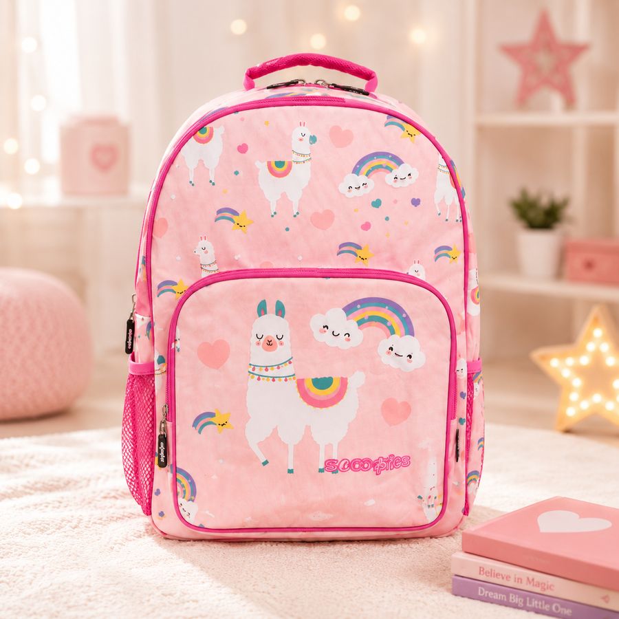 SCOOBIES Llama &amp; Rainbow Print Kids School Backpack with Padded Straps &amp; Side Mesh Pockets | Pink
