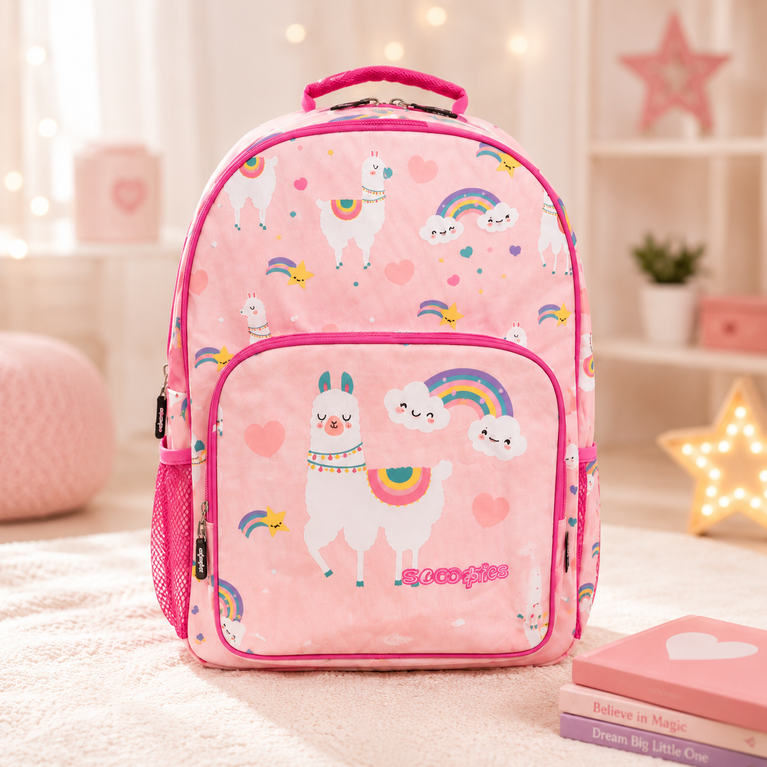 SCOOBIES Llama &amp; Rainbow Print Kids School Backpack with Padded Straps &amp; Side Mesh Pockets | Pink
