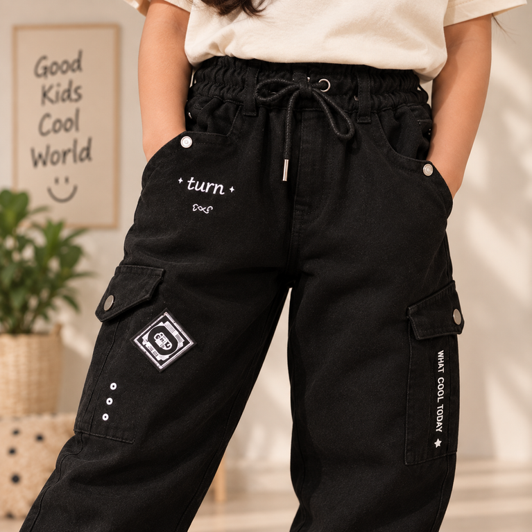 Black Cargo Jogger Pants for Girls with Utility Pockets| 9-10 years