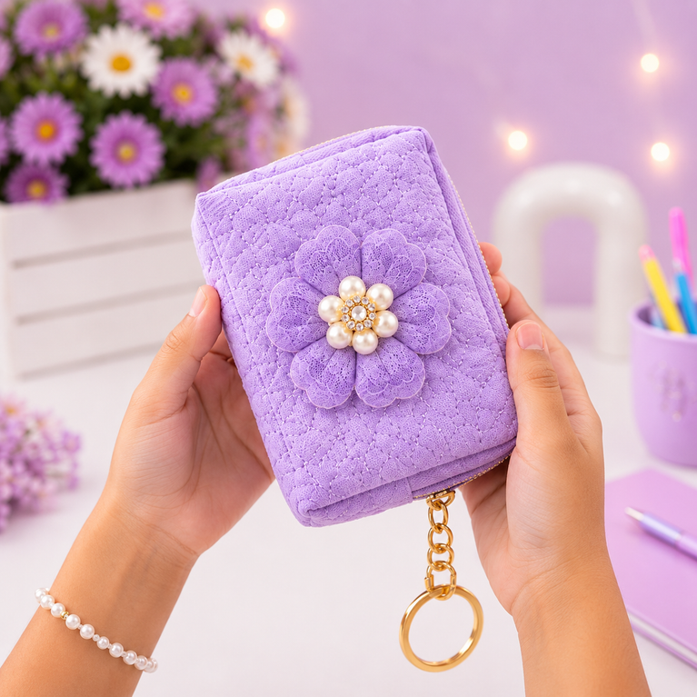 Floral Quilted Coin Purse Girls | Mini Zipper Wallet with Pearl Flower Charm, Keychain Ring | Cute Cash, Coin & Earbuds Pouch (Multi-Color)