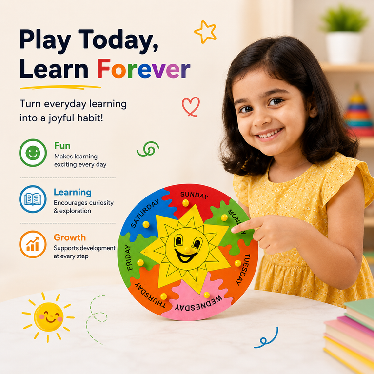 7 Days of the Week Wooden Learning Clock for Kids | Montessori Educational Calendar & Daily Routine Toy