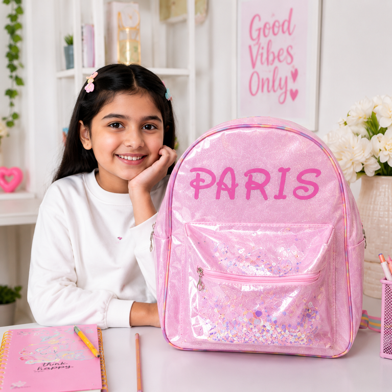 Girls Glitter Transparent Backpack with Sequin Pocket &amp; Rainbow Adjustable Straps
