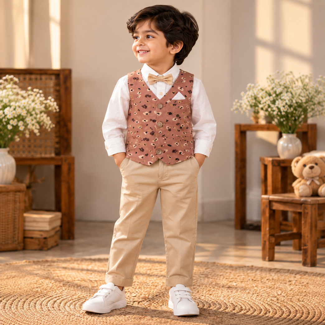Printed Waistcoat, White Shirt & Beige Pants Set for Boys | Kids Party Outfit