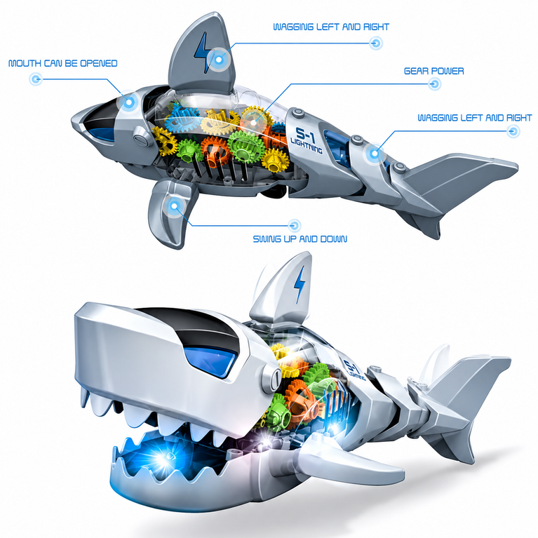 Gear Robot Shark Toy with Lights & Sounds – Rotating Gear Action Shark for Kids